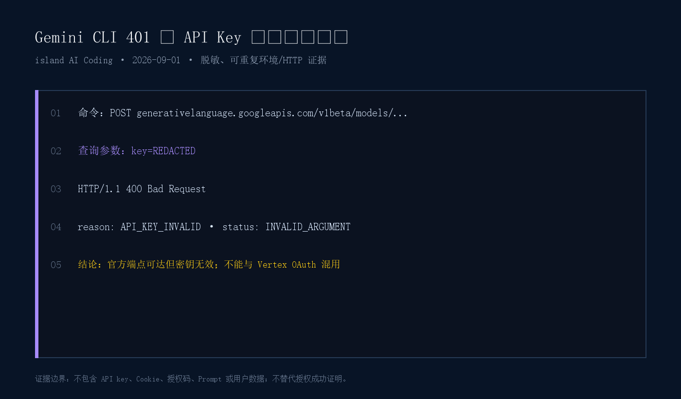 脱敏 Gemini API Key 返回 400 API_KEY_INVALID 的终端证据
