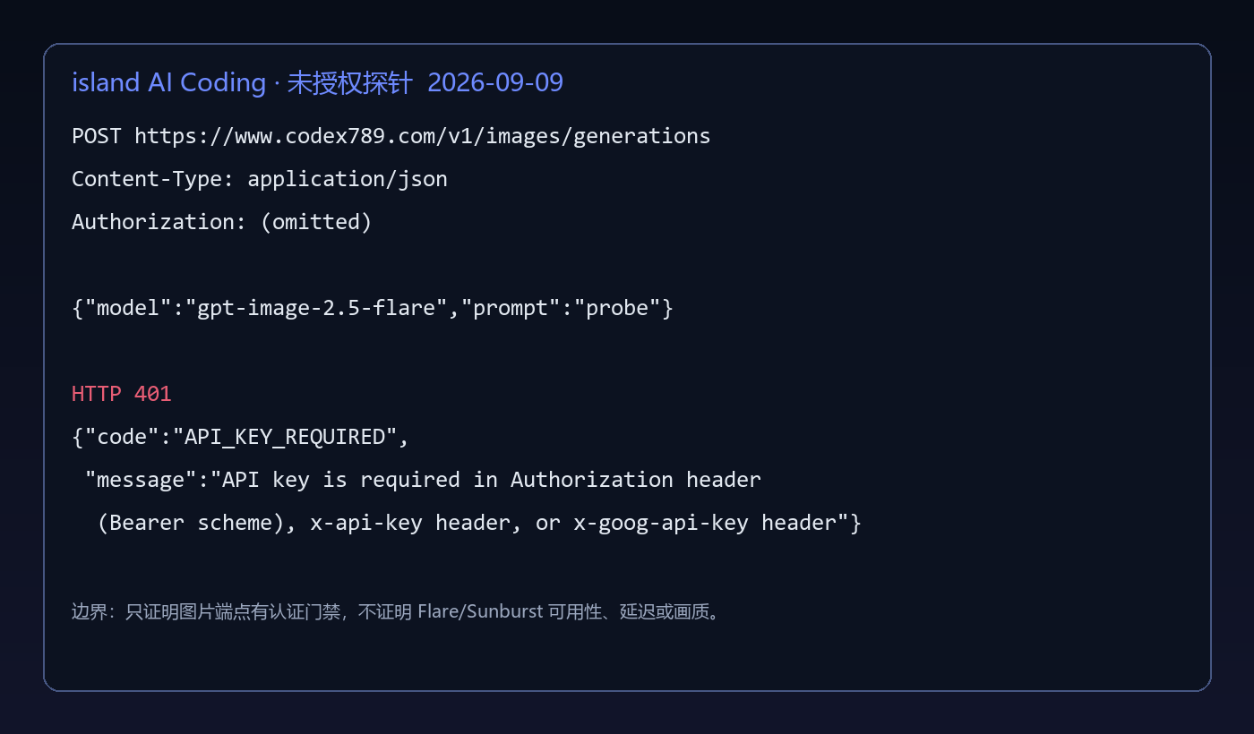 2026-09-09 对本站 /v1/images/generations 未携带 API Key 的请求返回 HTTP 401 和 API_KEY_REQUIRED
