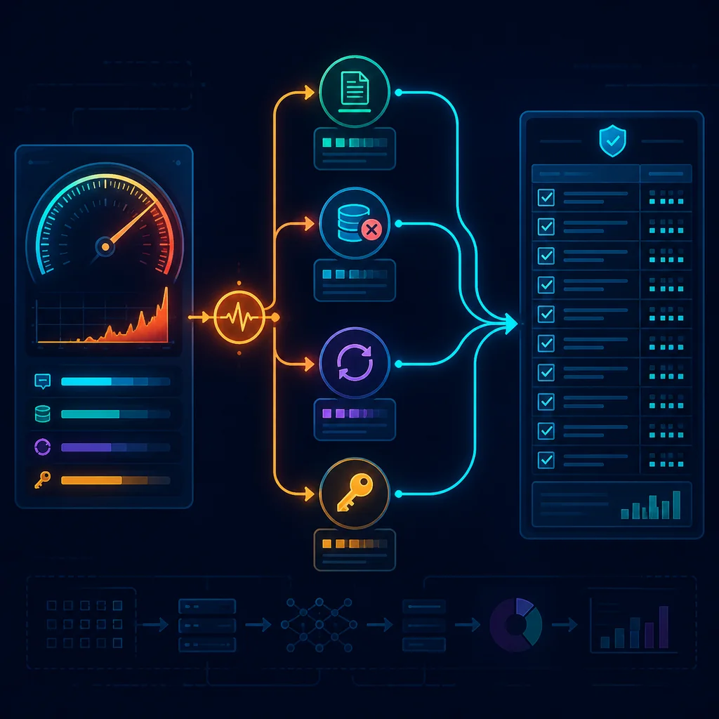 Token 用量曲线突增后分流到上下文变长、缓存未命中、客户端重试和密钥泄露四类原因的示意图